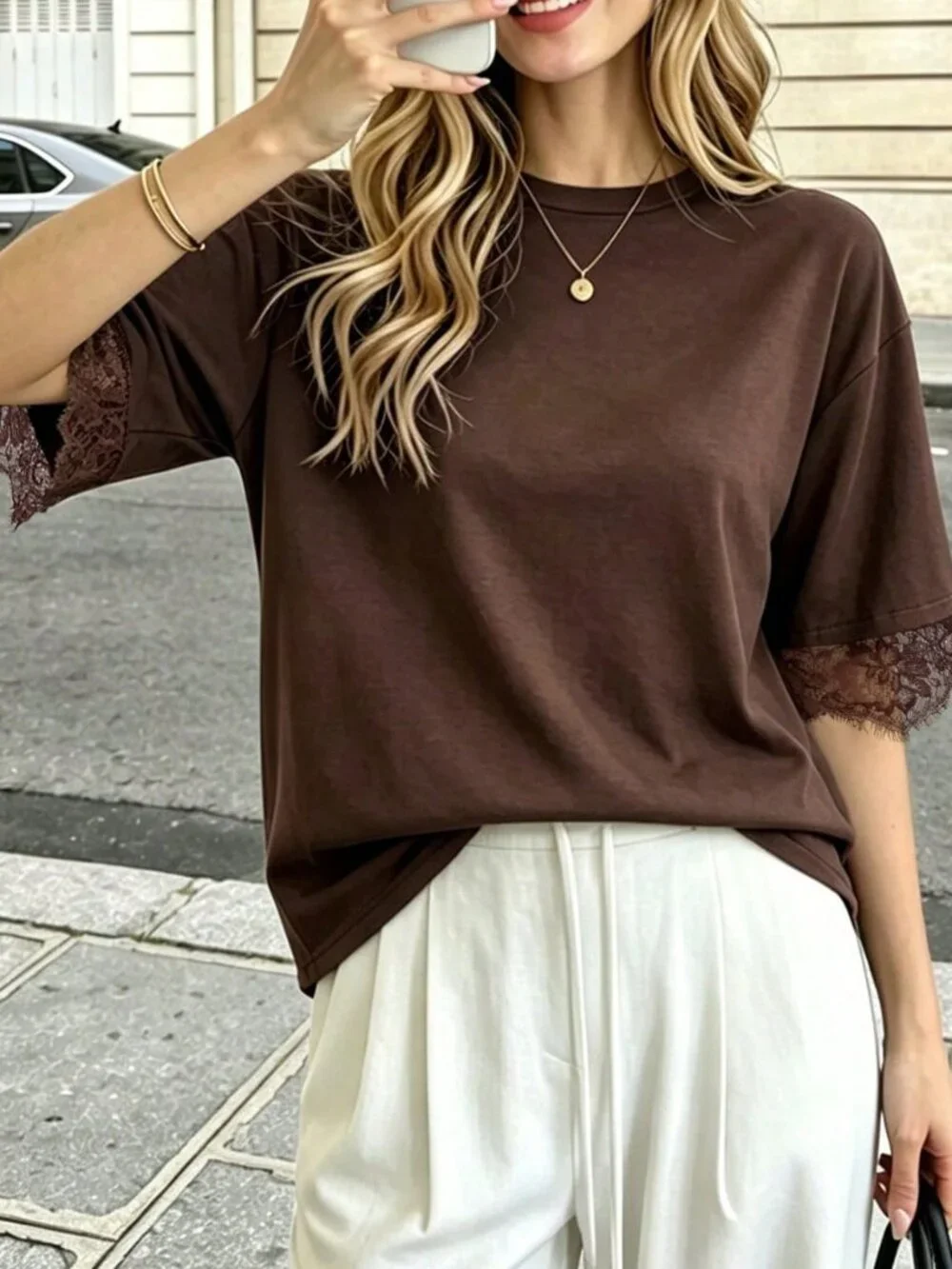 Brown Casual Women's Lace Patchwork Hollow Back Short Sleeve Top